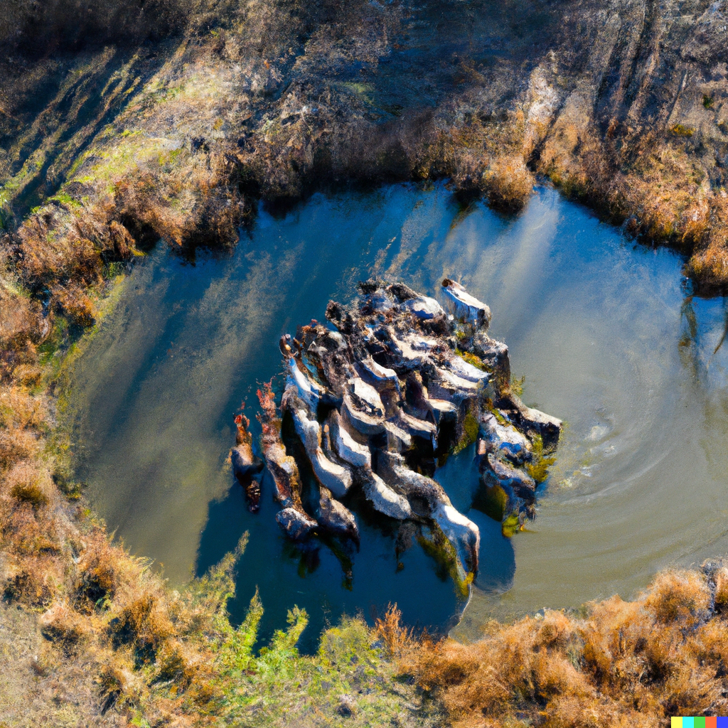 a drone shot of a horde of horses walking in circle around a pond surrounded by a forest