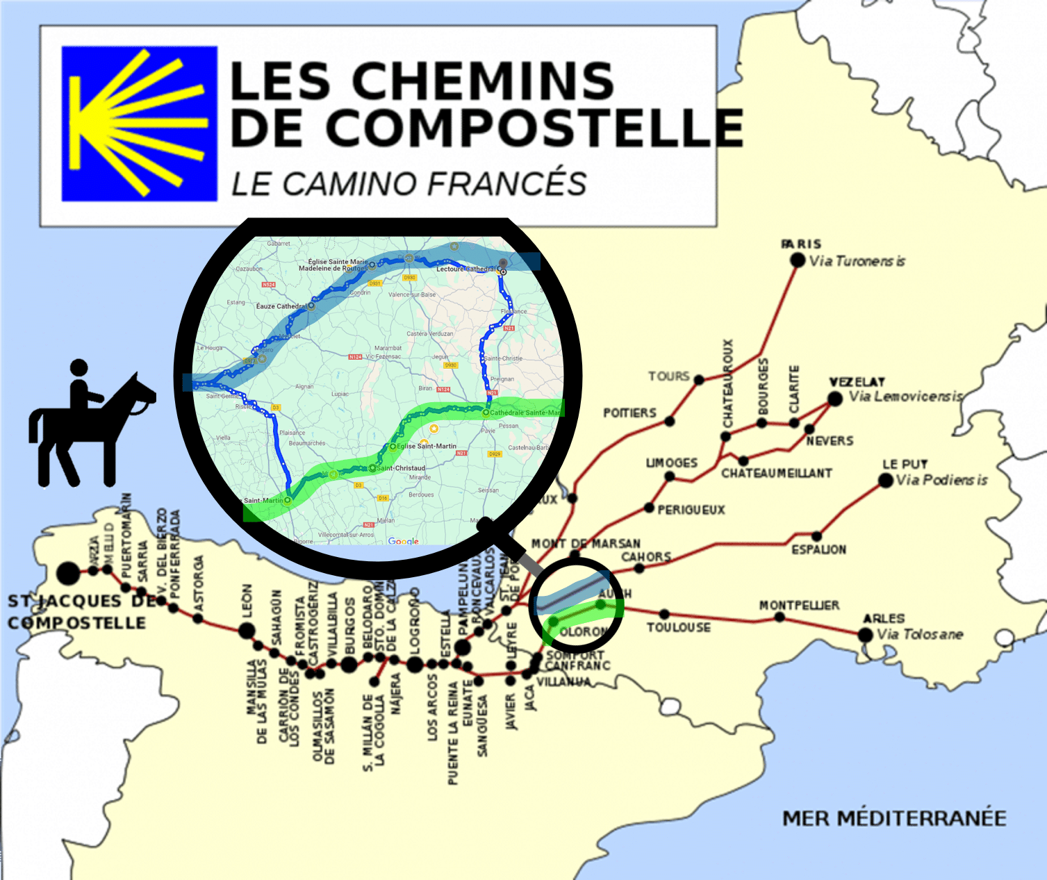 tracé du chemin de compostelle par la halte de d'artagnan